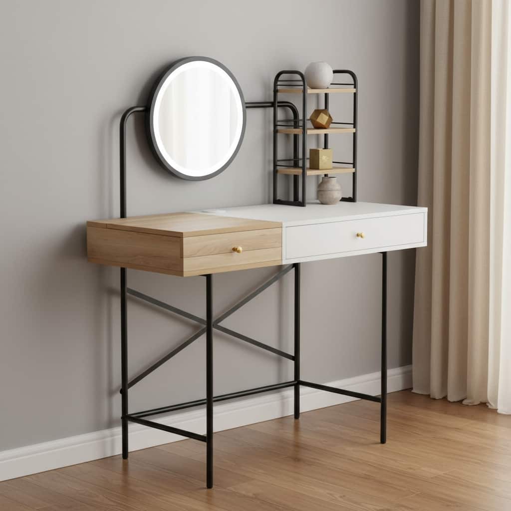 HomeRoots 41" Black Natural And White Wood and Iron Vanity Table With Mirror And Lights