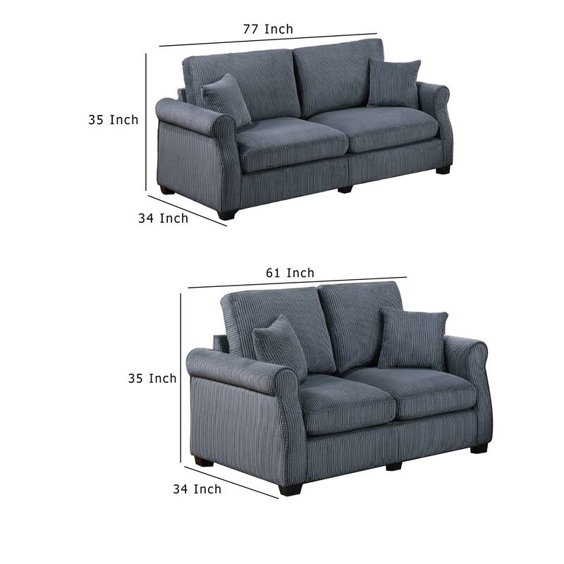 Jesica 2pc Loveseat n Sofa Set, 2 Pillows, Dark Gray Corduroy Fabric