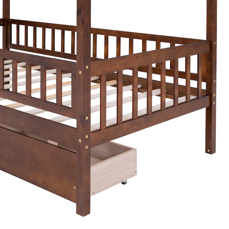 Twin Size Wooden House Bed with Drawers and Roof Design, Kids Bed Frame