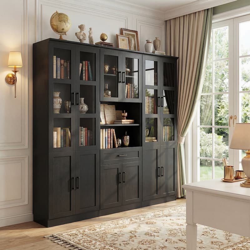 Set of 3 Freestanding Display Bookcase with Glass Doors & Adjustable Shelves & Drawer, for Living Room, Dining Room,Home Office. - Black