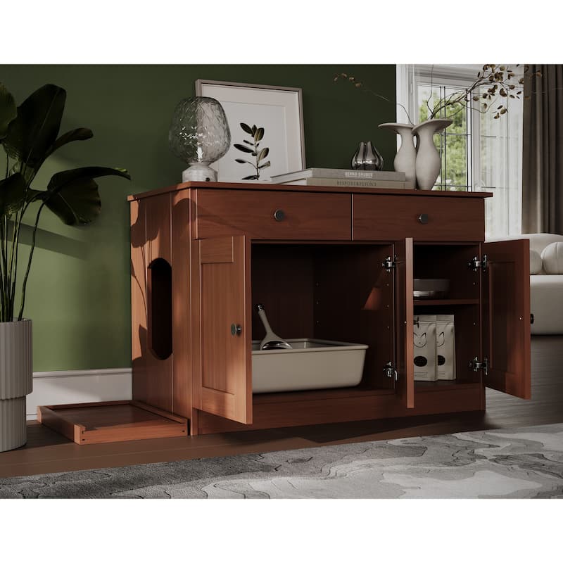 Palace Imports 100% Solid Wood Ziva 3-Door Cat Litter Box Enclosure with 2-Drawers