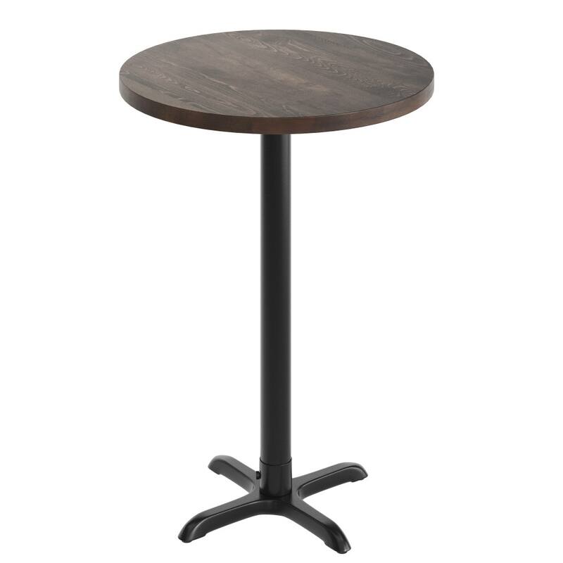 Round Solid Wood Commercial Tabletop with 22" x 22" Bar Height X-Base - 30"W x 30"D x 43.5"H - Dark Brown Top/Black Base