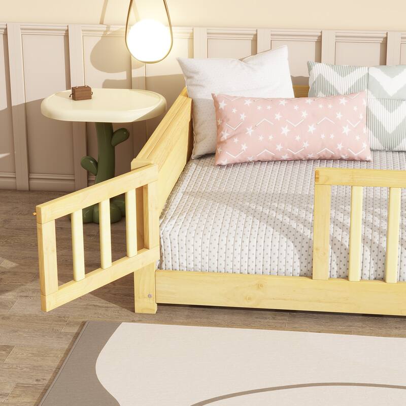 Twin Size Floor Bed with Built-in Book Rack and Door,Natural