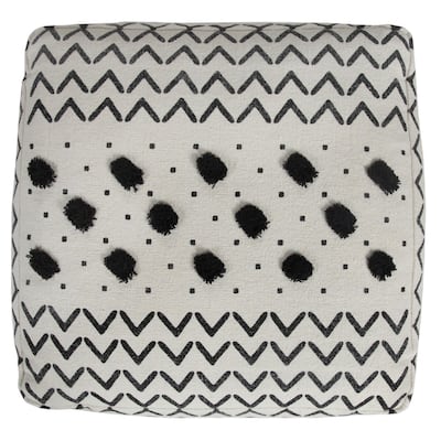 18 Inch White Cotton Chevron Pouf Ottoman for Living Room or Bedroom