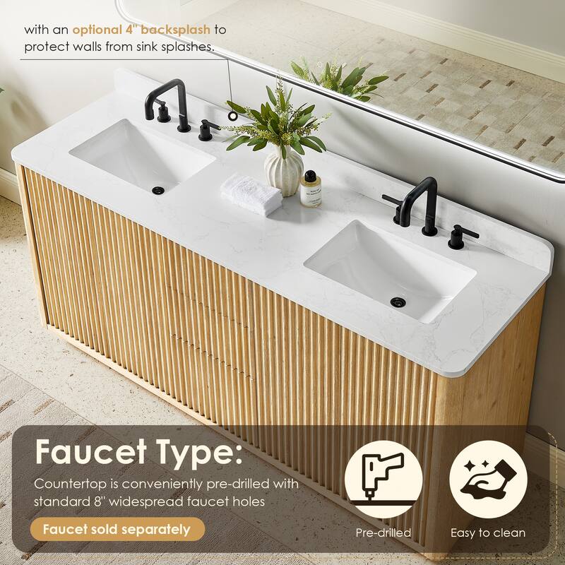 Clayton Bathroom Vanity in Washed Light Brown with Grain White Engineered Stone Countertop without Mirror