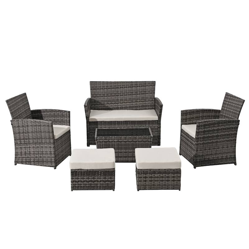 6-Piece Wicker Outdoor Sofa Set, 1 Loveseats, 2 Chairs, 2 Ottomans and 1 Table