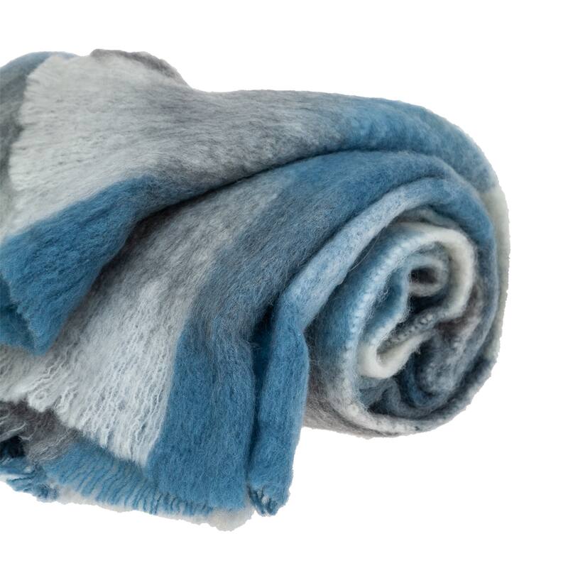 HomeRoots 52" X 67" Gray Ivory and Blue Woven Wool Blend Plaid Throw Blanket with Fringe