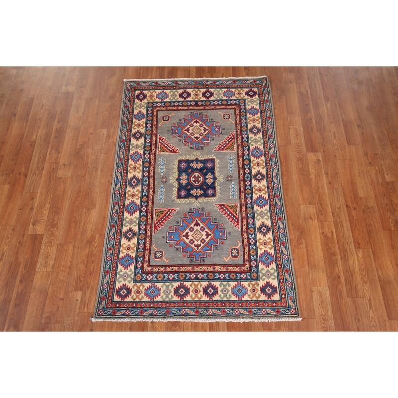 Geometric Kazak Accent Rug Hand-Knotted Traditional Wool Carpet - 3'2" x 5'0"