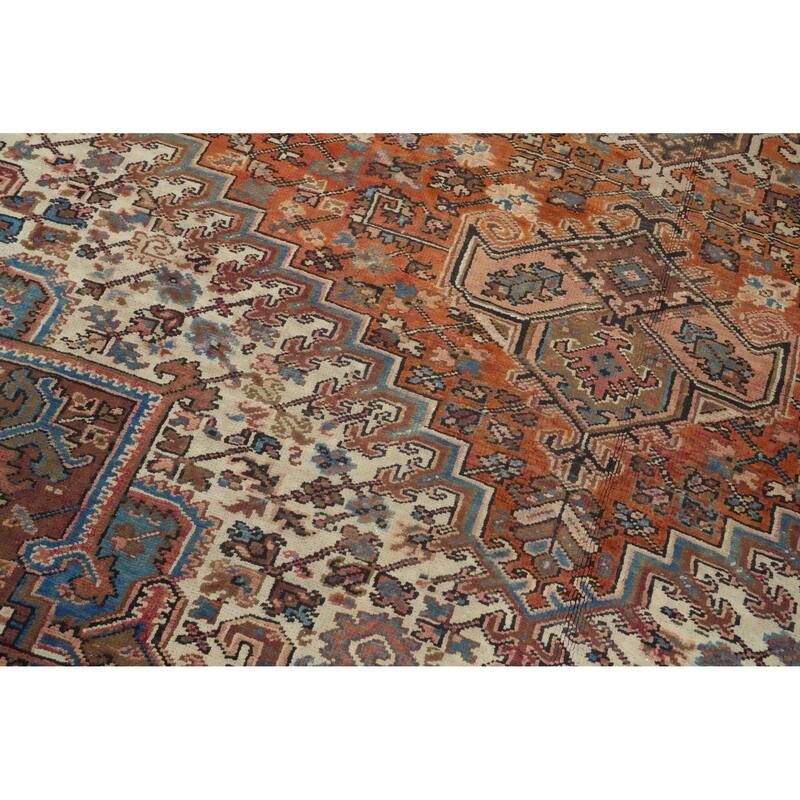 Hand Knotted Oriental 100% Wool Carpet Traditional Medallion Oranges & Rust Heriz Area Rug - 13' 7'' X 9' 4''