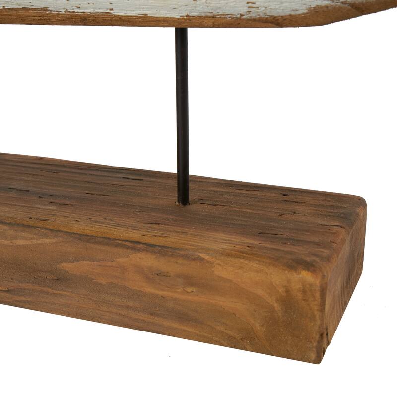 Brown Wood Handmade Whale Decorative Sculpture with Painted White Accents and Metal Details
