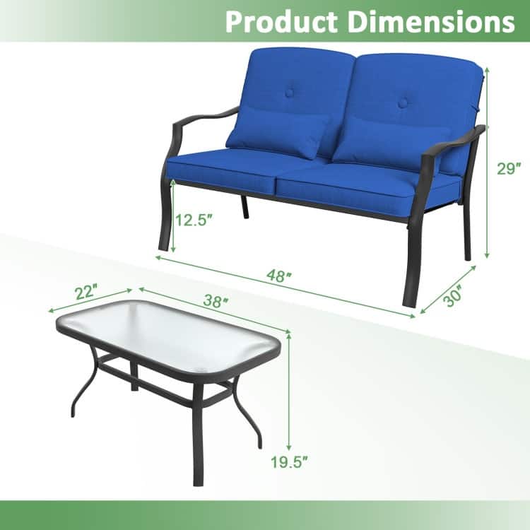 Outdoor Loveseat Chair Set with Tempered Glass Coffee Table - 48" x 30" x 29"