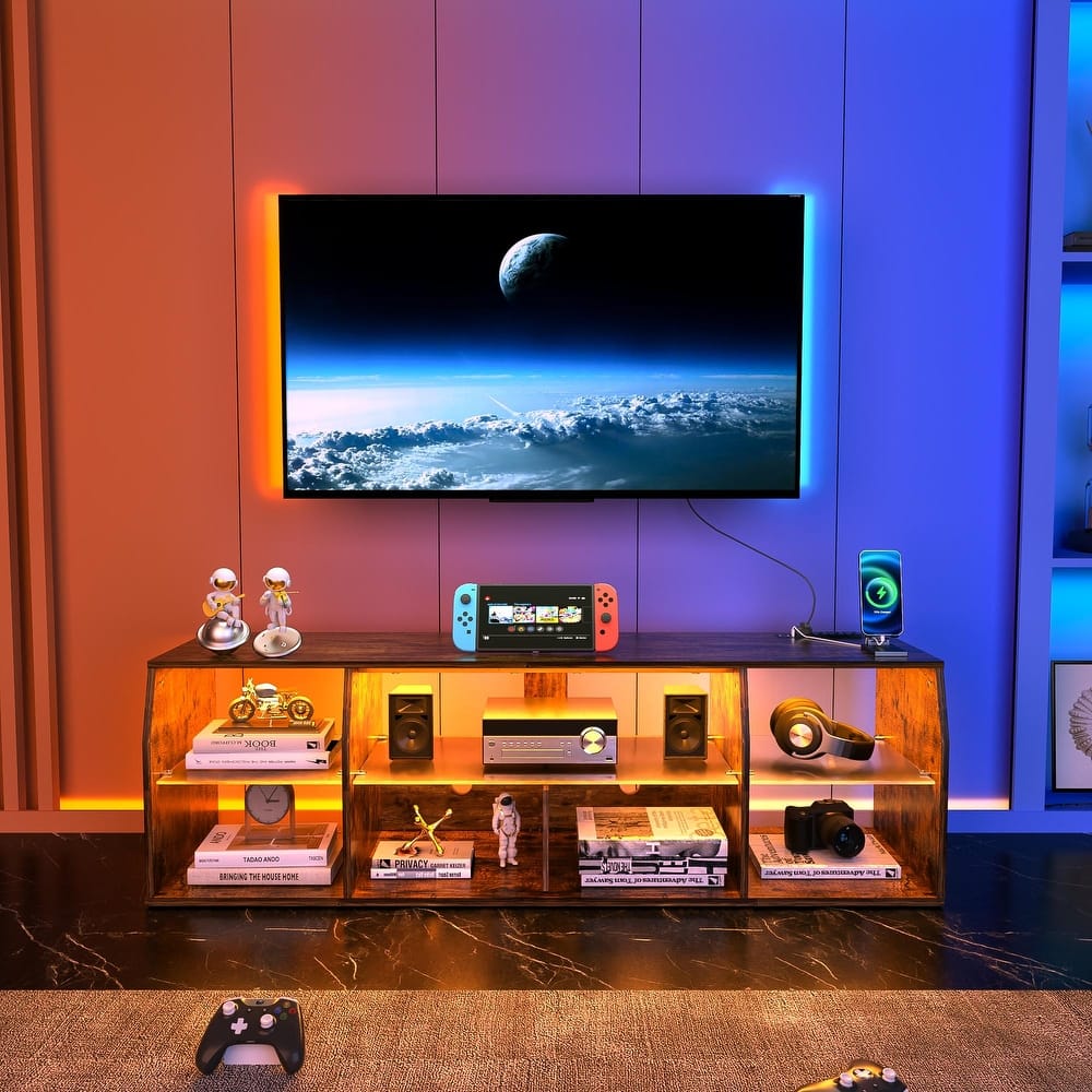 VECELO TV Stand with LED Light Industrial Entertainment Center with 7 Open Storage