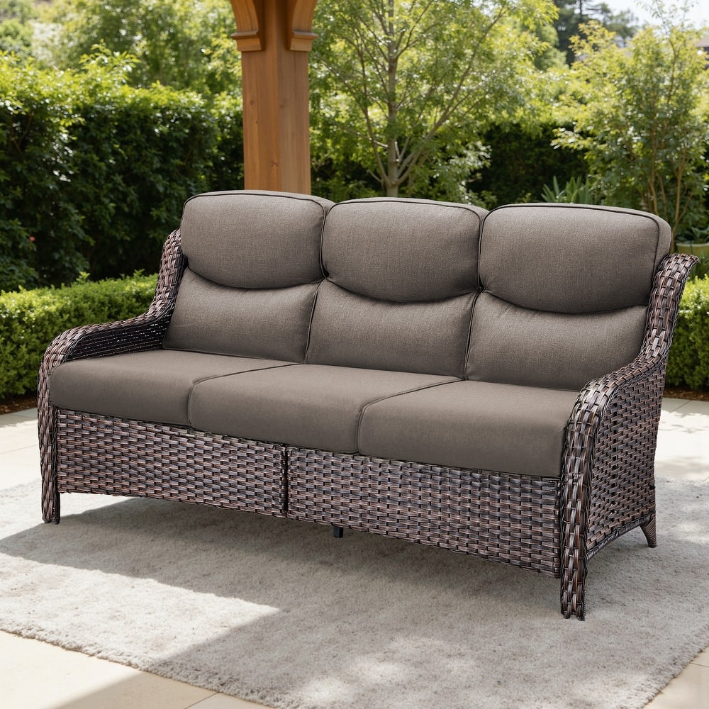 Meyreso Handwoven Wicker Outdoor Patio 3-Seat Sofa with 5-Inch Thick Cushions