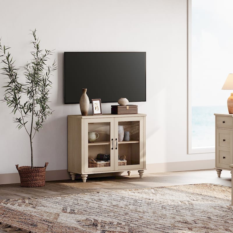 TV Stand with Glass Doors, TV Console Table TV Cabinet