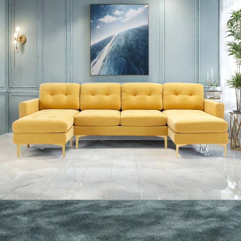 110.6" Velvet L-Shaped Sectional Sofa with Movable Ottoman and Storage Pockets - Yellow