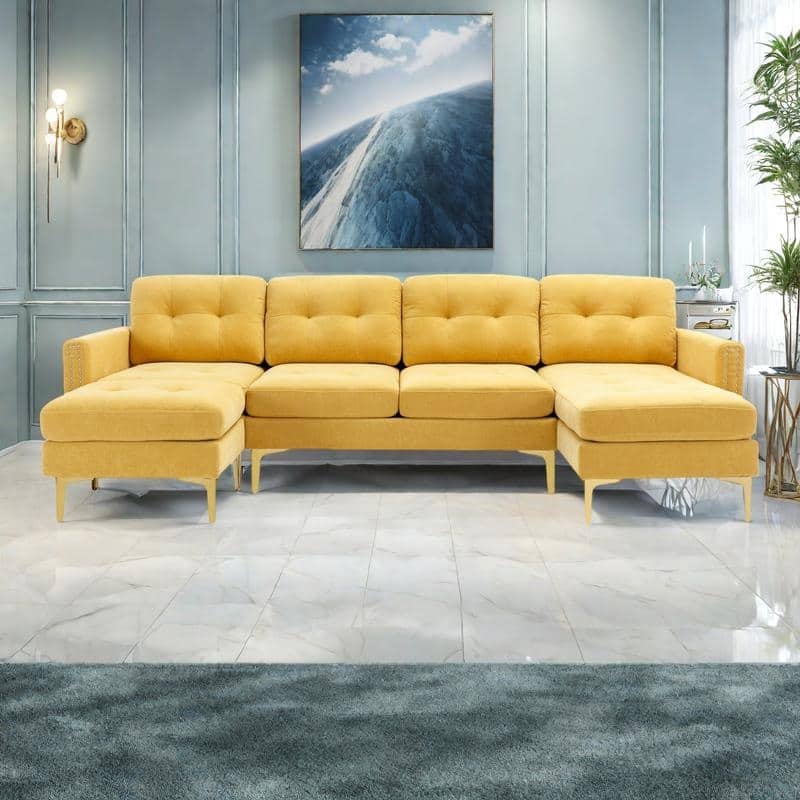 110.6" Velvet L-Shaped Sectional Sofa with Movable Ottoman and Storage Pockets