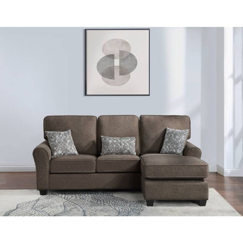 Chenille Fabric Upholstered Reversible Sectional Sofa Couch with Pillows - Brown