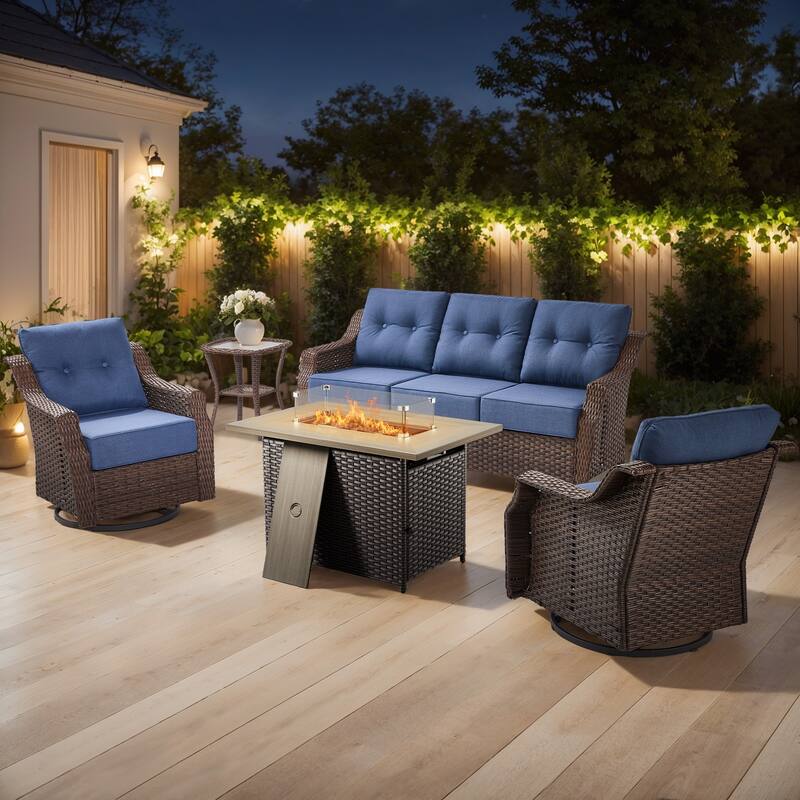 Gymojoy Wicker Patio Furniture Sofa Set with Fire Pit Table, 6-Inch Ultra Thick Cushioned 360° Swivel Glider Chairs - Brown Wicker / Blue Cusion - 5-Piece