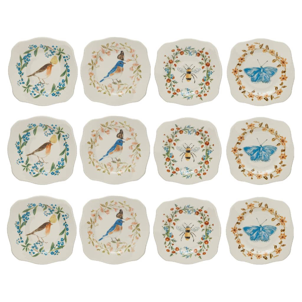 Stoneware Plates with Painted Fauna and Scalloped Edge - 5.0"L x 5.0"W x 0.5"H