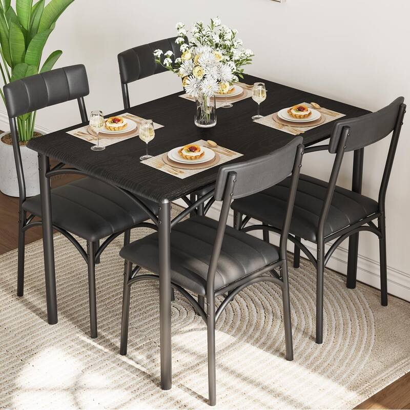 5-Piece Dining Table Set with 4 Upholstered Chairs, Metal and Wood Table for Kitchen or Apartment