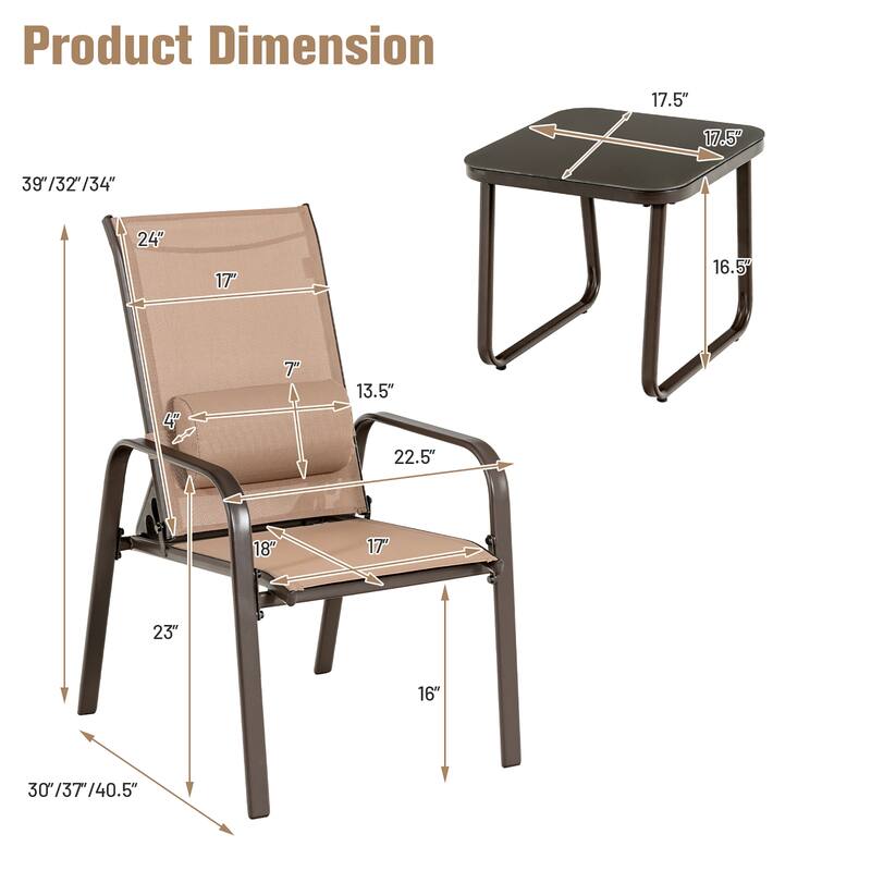 3 PCS Patio Bistro Set Stackable Patio Chairs with Glass Coffee Table