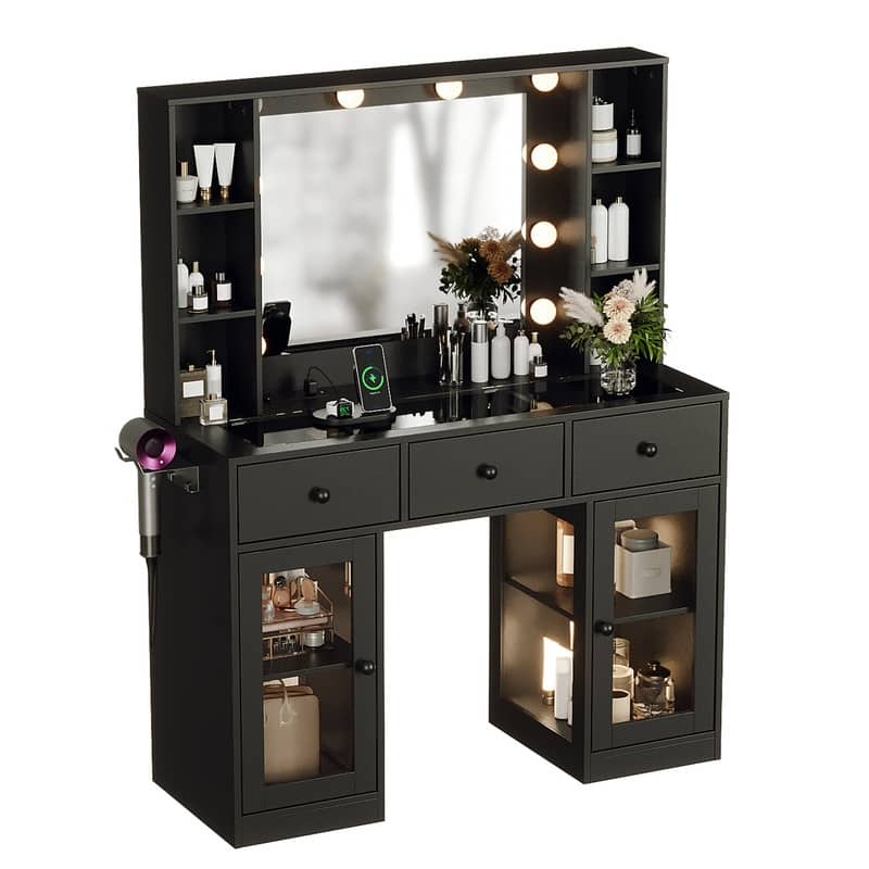 Particle Board Veneered 3 Drawers 2 Glass Doors Left and Right 2-tier Shelves Glass Tabletop Dressing Table - N/A - Black