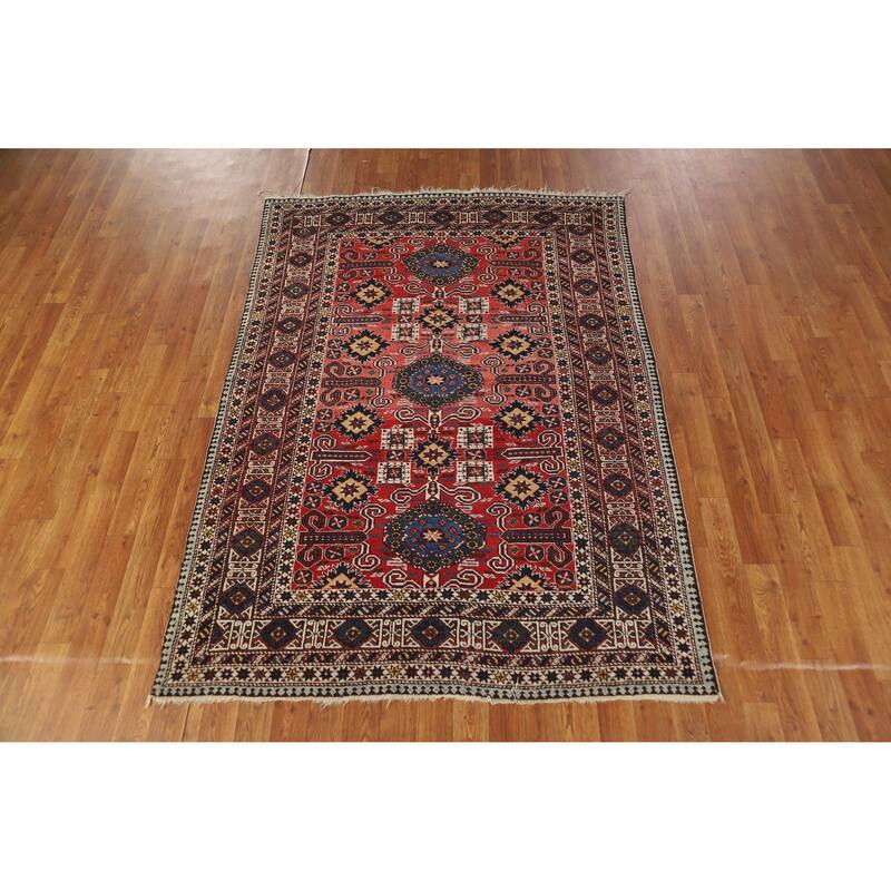 Hand Knotted Oriental 100% Wool Carpet Traditional Geometric Red Kazak Area Rug - 6' 3'' X 4' 5''