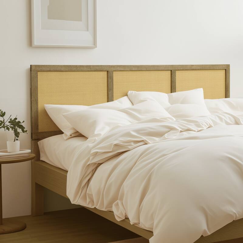 Natural Finish Rubberwood with Rattan Panels Headboard, King or Queen (Headboard Only)