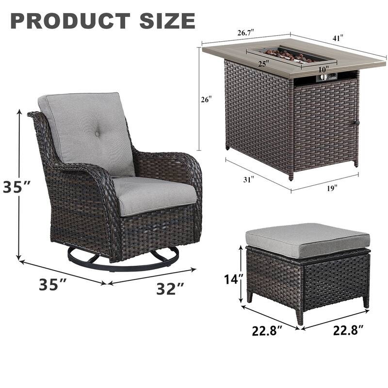 5 PCS Patio Swivel Chair Ottoman with Fire Pit Table - Brown