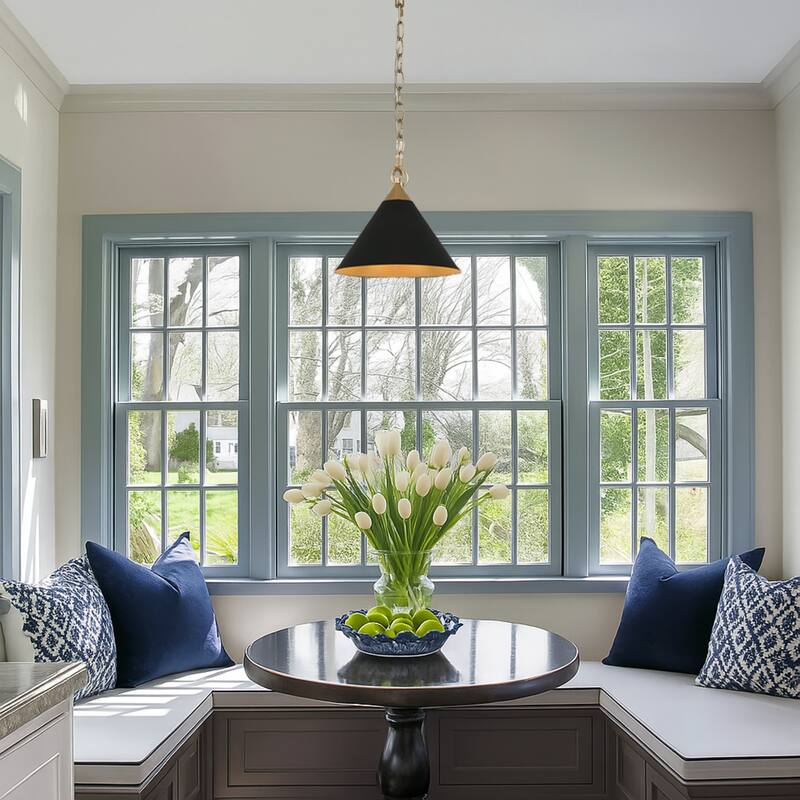 Modern Farmhouse 1-light Black Gold Pendant with Metal Cone Shade Kitchen Islands Lights for Dining Room - 11.8 " × 10 "