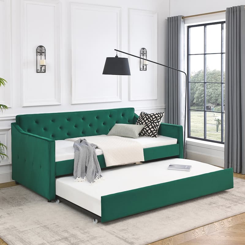 Twin Size Tufted Upholstered Daybed w/ Twin Size Trundle & Waved Shape Arms Sofa Bed, Beige - Green