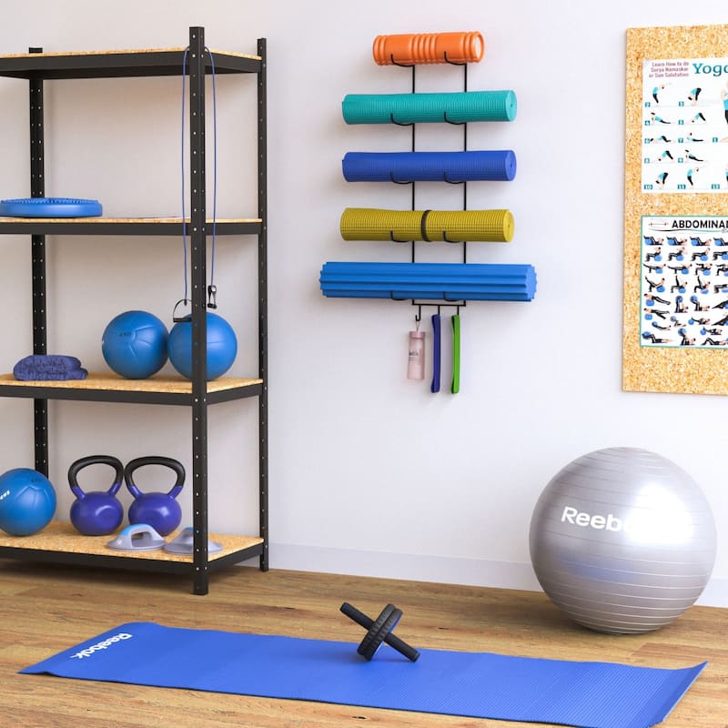 Wallniture Guru 5-Sectional Wall Mount Foam Roller and Yoga Mat Holder with 3 Hanging Hooks