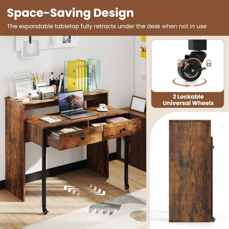 Multifunctional Natural Engineered Wood Extendable Desk with 2 Drawers