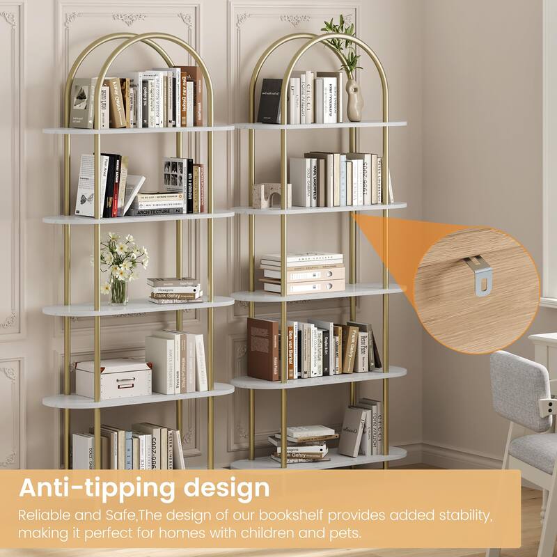71" Bookshelf 5 Tier Bookcase Arched Display Racks Tall Bookshelf Freestanding Open Storage Shelf