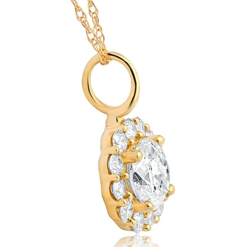 1 Ct Halo Diamond Pendant Yellow Gold 18" Chain Necklace