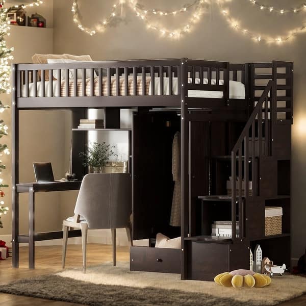 slide 2 of 19, Playhouse Inspired Twin size Loft Bed with Bookshelf, Drawers, Desk and Wardrobe, Sturdy Construction & Unique Design, Espresso Espresso