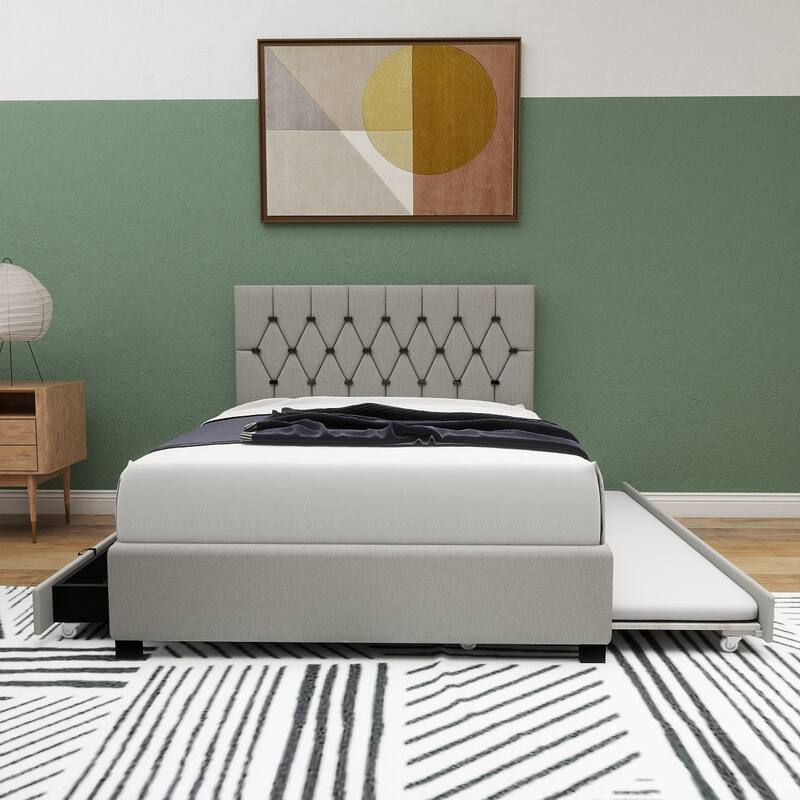 Queen Size Trundle Bed Upholstered Platform Bed Frame with Pull-Out Twin Trundle and Two Storage Drawers, No Box Spring Needed