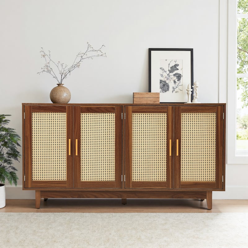 Rattan Accent Cabinet Storage Sideboard Buffet with 4 Doors