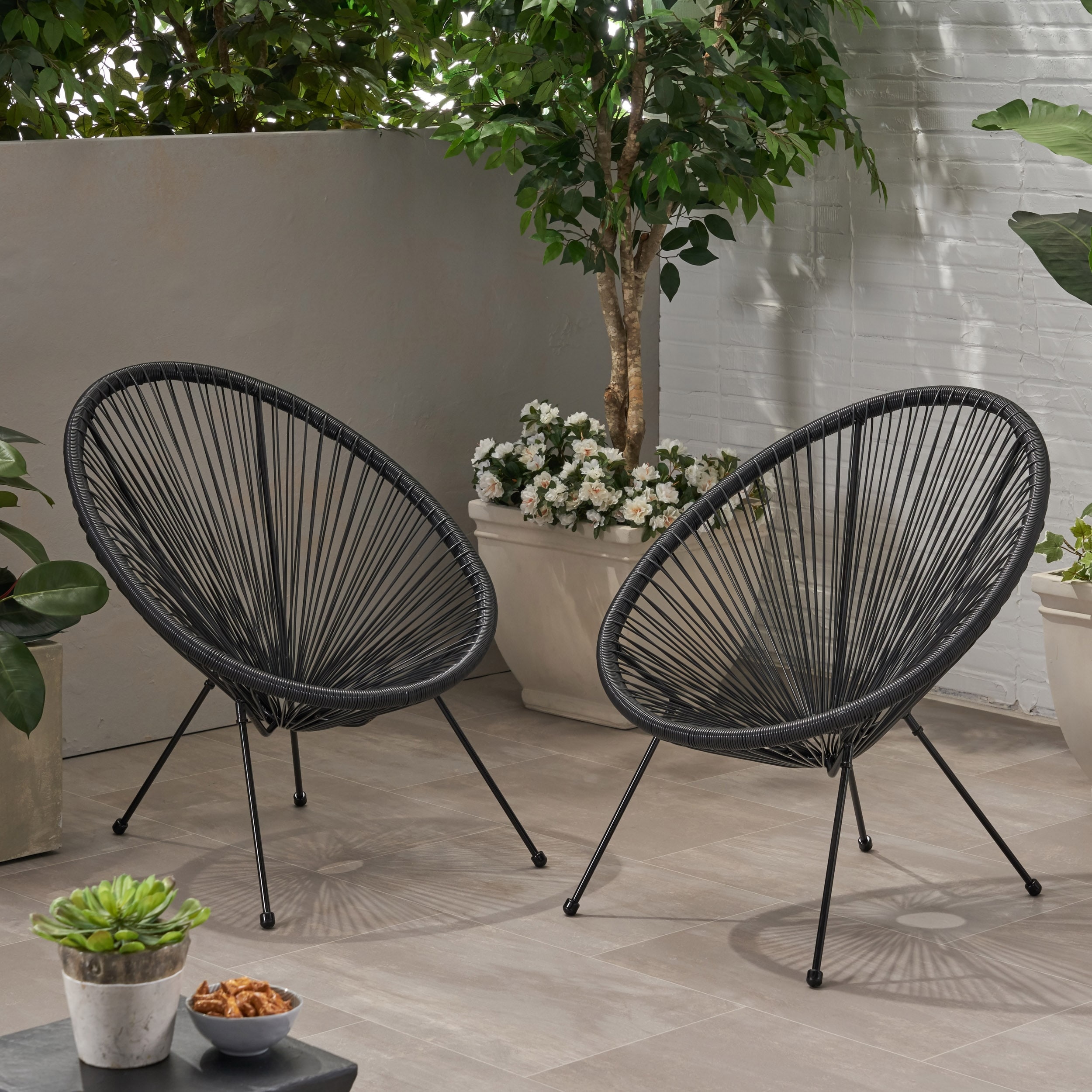 Christopher Knight Home - Anson Set of 2 Outdoor Basket Lounge Chairs with Hammock Rattan Seating and Steel Tapered Legs