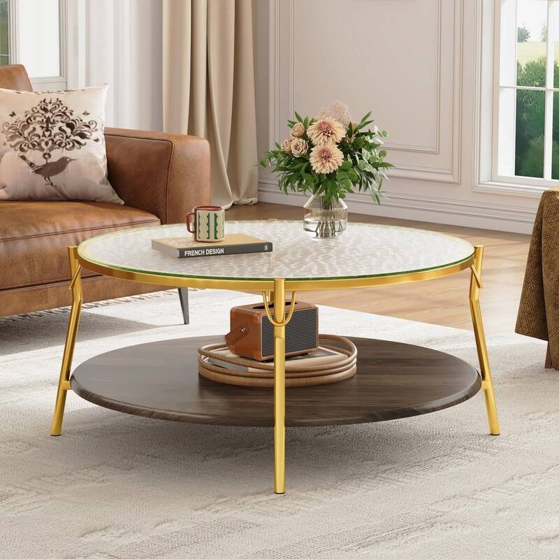 29.9" Modern Round Walnut 2-Tier Coffee Table with Glass Top and Gold Base