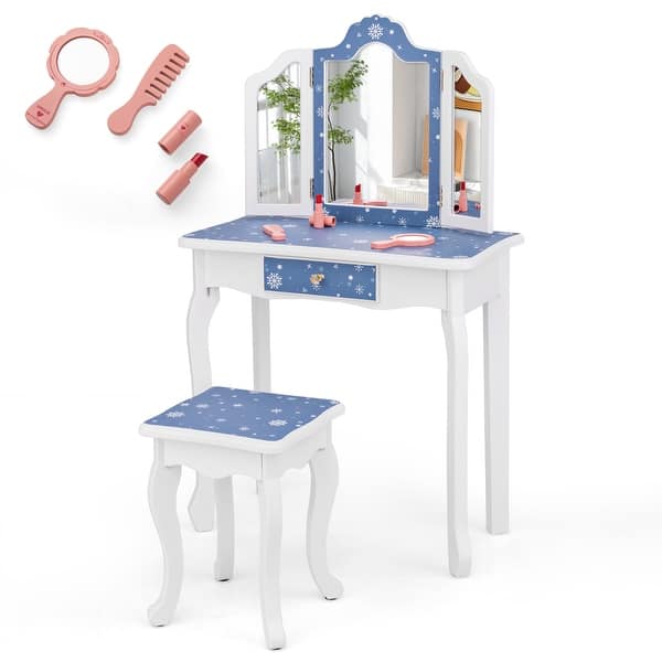 slide 2 of 9, Kids Makeup Table and Stool Set with Tri-Folding Mirror for Pretend Play Blue-White