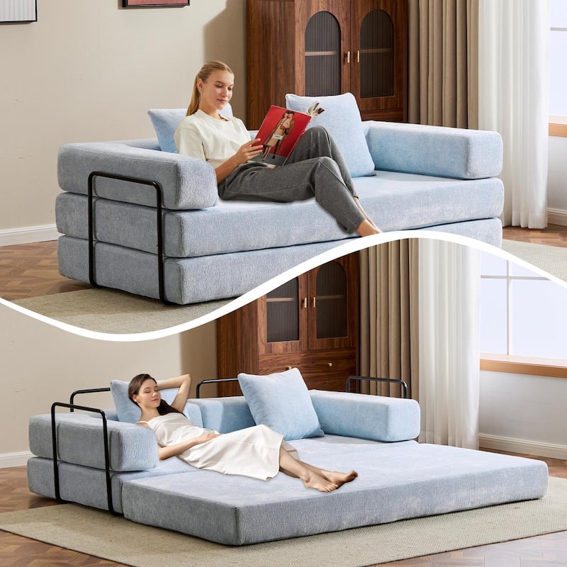 Convertible Flannel Fabric Futon Sofa Sleeper Couch Bed with Sponge Padding for Living Room - 76.77”L x 37.4”W x 23.62”H