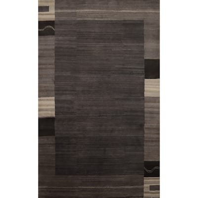 Hand Knotted Oriental 100% Wool Carpet Modern Bordered Greys & Charcoal Gabbeh Area Rug - 7' 9'' X 5' 5''