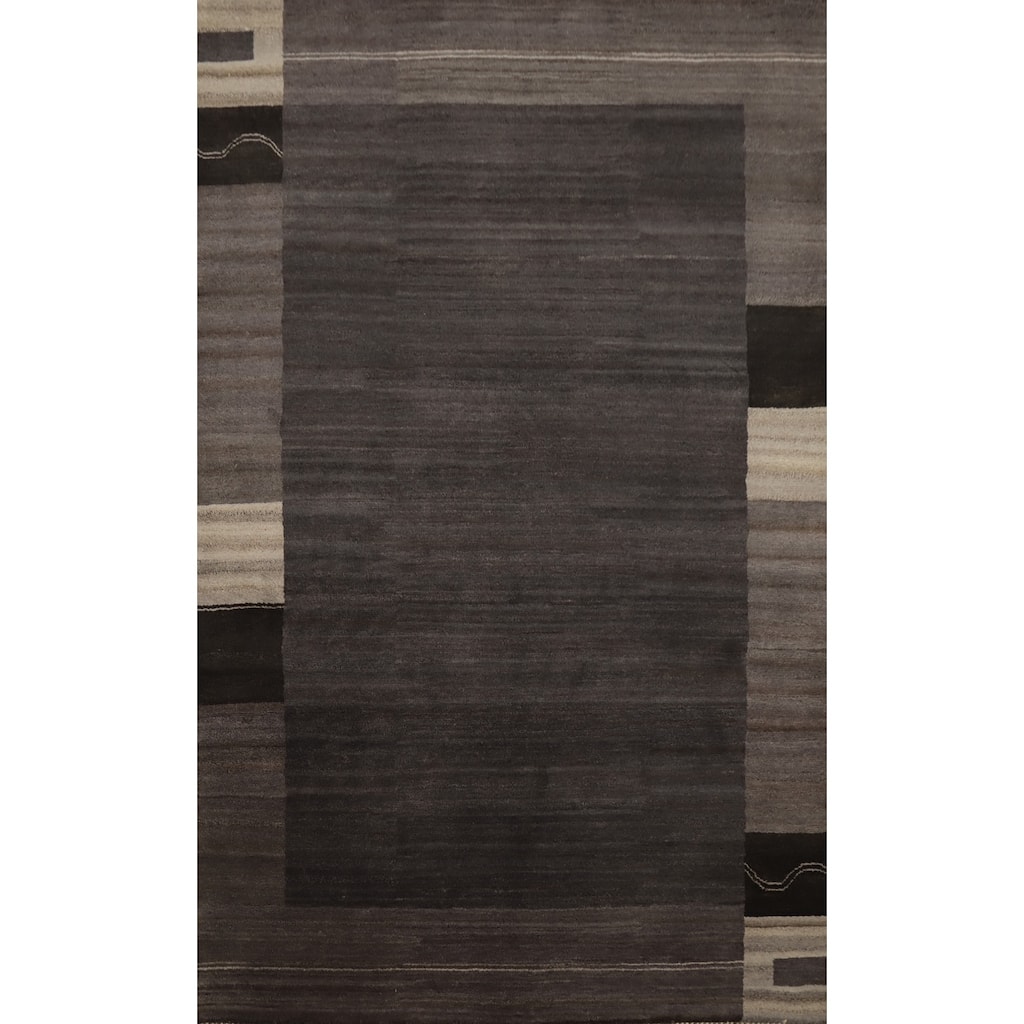 Hand Knotted Oriental 100% Wool Carpet Modern Bordered Greys & Charcoal Gabbeh Area Rug - 7' 9'' X 5' 5''