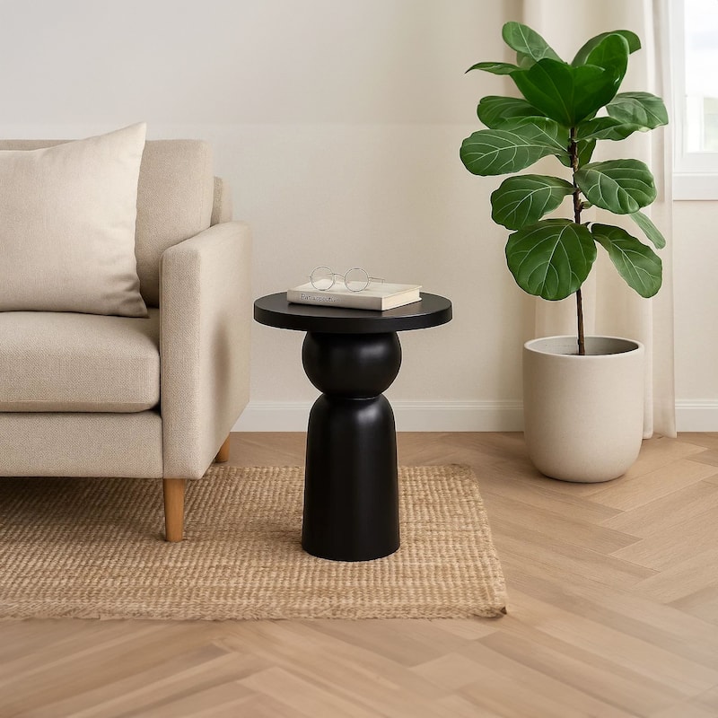 Tia 12 Inch Round Side End Table with Turned Pedestal Base, Mango Wood in Matte Black Finish