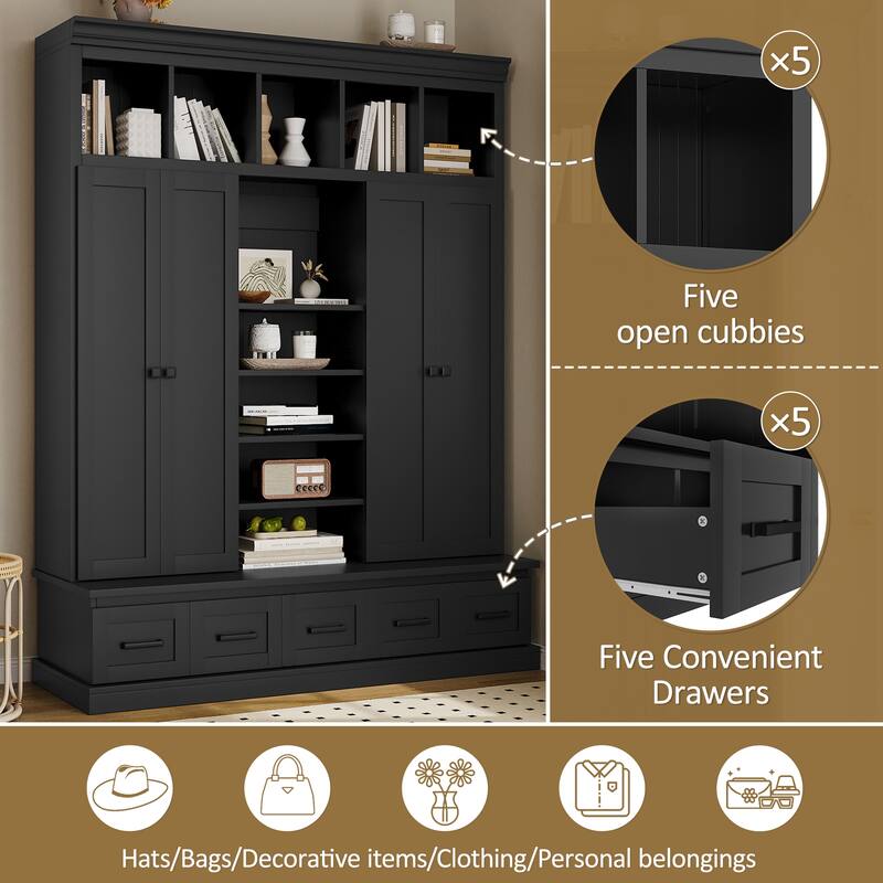 Large Wood Hall Tree with Bench, Modern 4 Door Entrance Storage Cabinet w/ 5 Drawers, Adjustable Shelves for Living Room