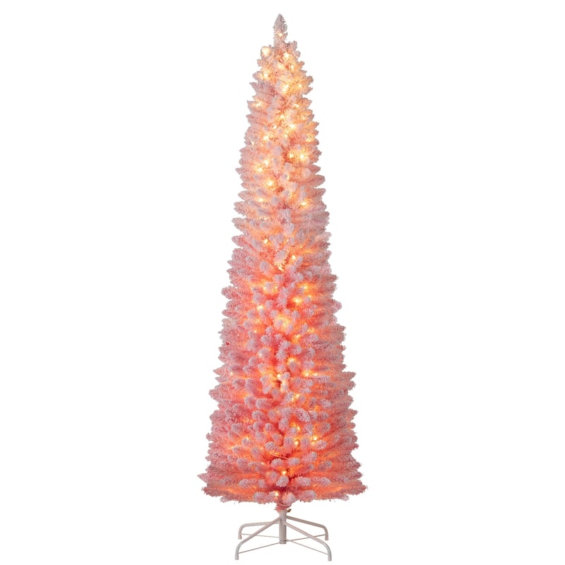 Pink Slim Christmas Tree with LED Lights and Snow-Flocked PVC Branches Included Metal Stand and Gloves - 7 Foot