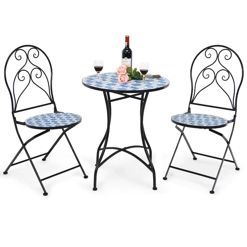 Costway 2PCS Patio Folding Mosaic Bistro Chairs Blue Flower Pattern - See Details