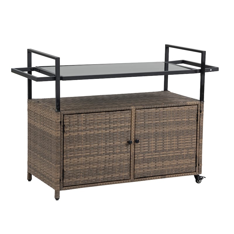 Outdoor Patio Wicker Bar Cart with Storage Cabinet and Glass Top, Rolling Rattan Beverage Bar Table w/360掳 Wheels & Open Shelve