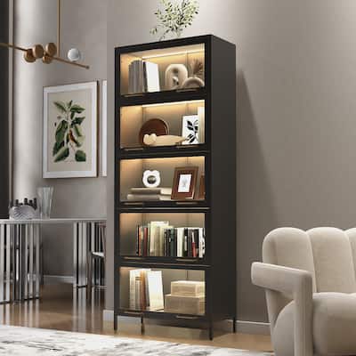 78.75"Tall Iron Display Cabinet with Glass Doors, 5-Tier Steel Barister Bookcase with LED Lights for Collectibles